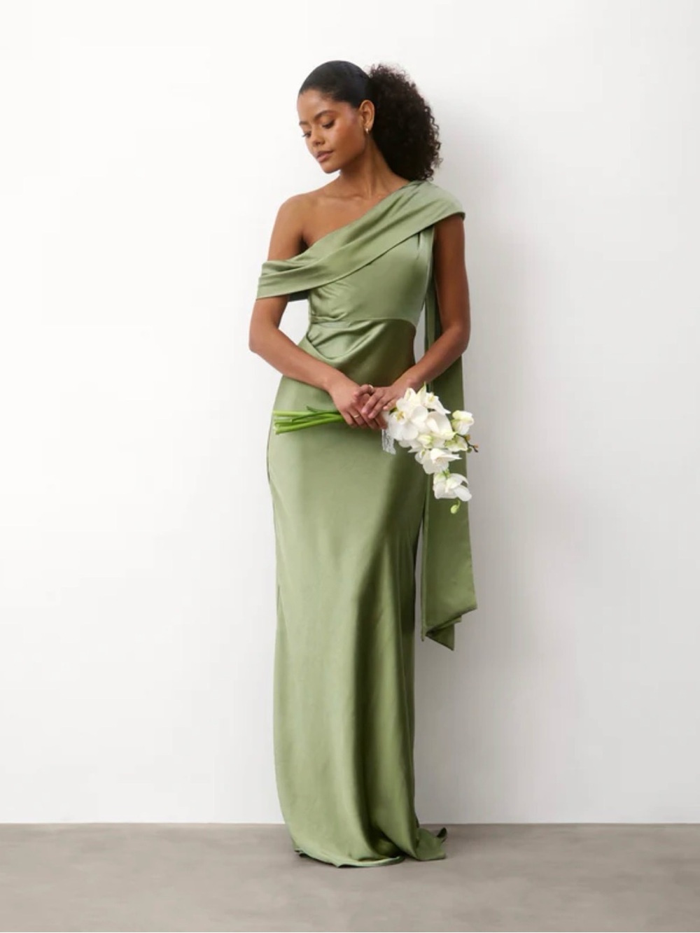 Six Stories One Shoulder Drape Satin Dress - Moss Green